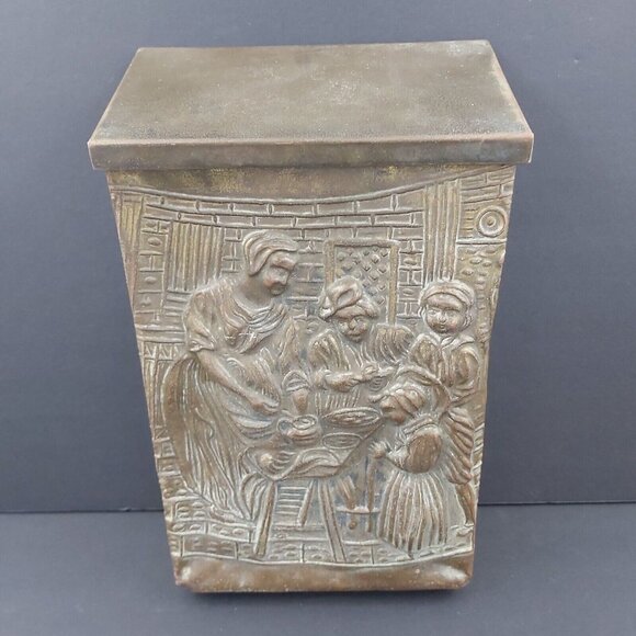 Brass Mailbox Repousse Embossed Homestead Pilgrims Preparing Food England Made - Picture 1 of 14